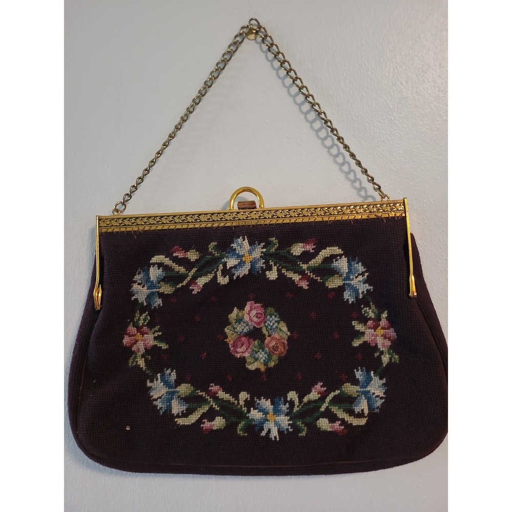 Vintage Tapestry Needlepoint Purse Floral Design Purple Gold Chain and Closure